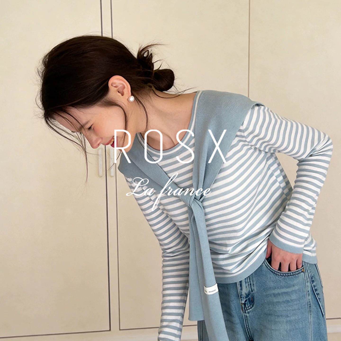 ROSX法式高级感蓝色条纹长袖T恤女早春季独特修身上衣披肩两件套