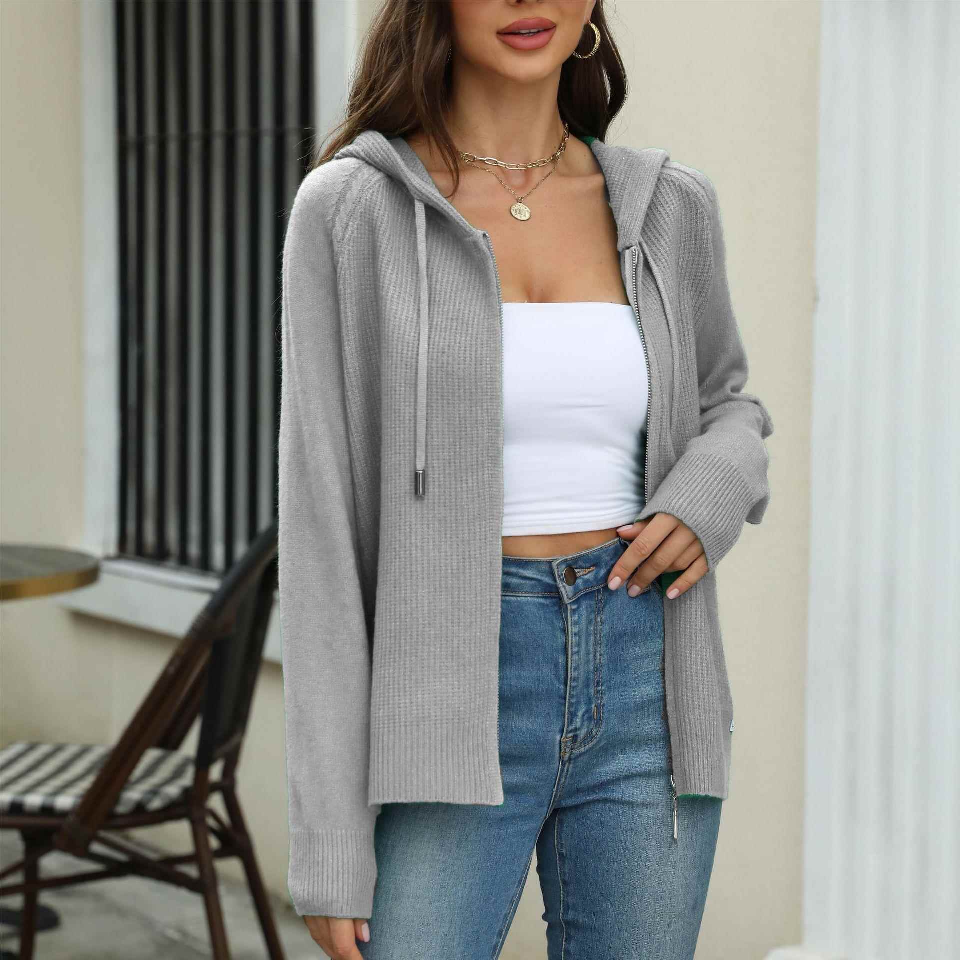 Knitted Cardigan Women Solid Color Hooded Zipper Sweater