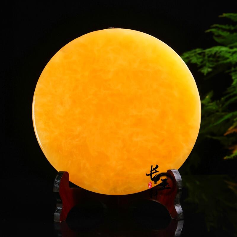 天然米黄玉无孔平板玉石扣简约和氏璧客厅玄关平安招财工艺品摆件