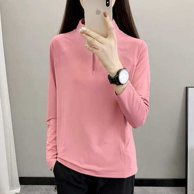 户外运动速干衣女夏季长袖立领运动徒步弹力上衣透气登山快干衣服