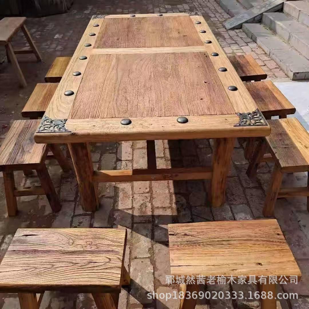 老榆木茶桌做旧老门板整张喝茶桌茶台自然纹理办公桌椅原木餐桌