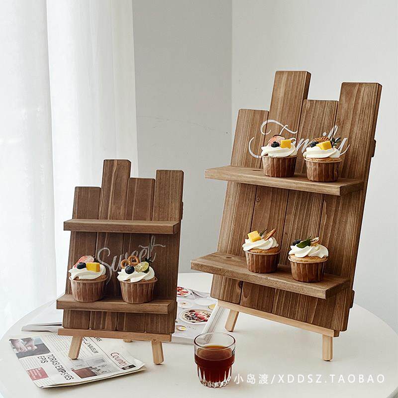 甜品架甜品台展示架原木覆古创意咖啡厅饭厅婚礼点心盘架咖啡色AI