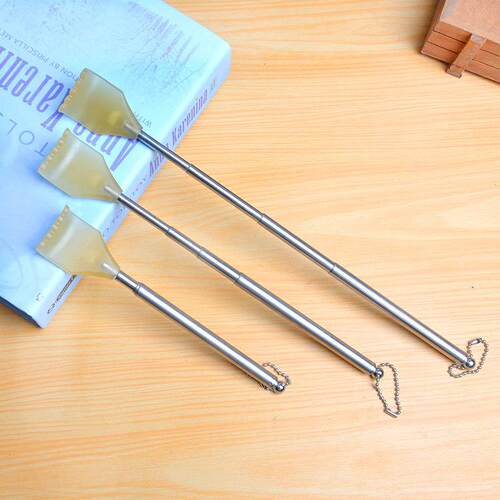 A telescopic, stainless steel back scratcher, also known as