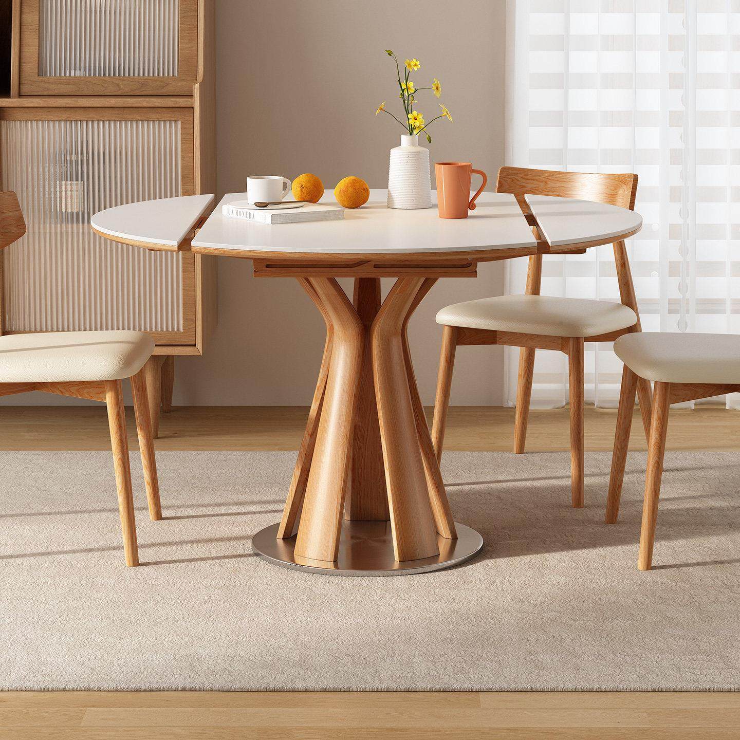 筑巢岩板实木伸缩餐桌简约现代家用小户型原木奶油风可变圆桌饭桌,住宅家具,岩板餐桌,淘宝优惠券,粉丝福利购,淘宝优惠卷