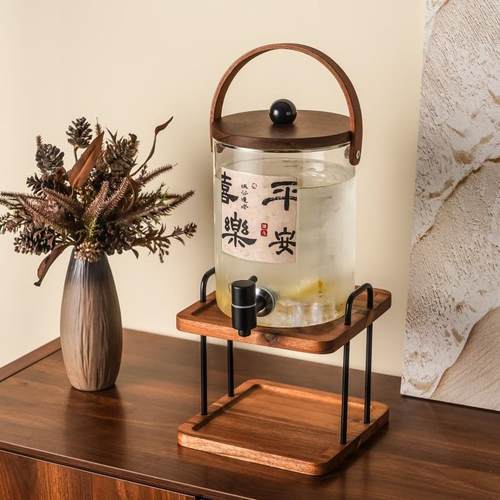 高颜值相思木玻璃凉水壶耐高温带龙头果汁饮料桶轻奢迎宾茶水壶缸