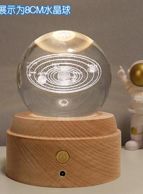 木质发光底座实木灯座LED小夜灯水晶球琉璃工艺品装饰锂电触摸