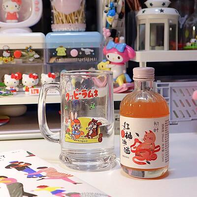 日式子印花松兔啤子糖玻璃杯可爱酒鼠SKLG2296杯家用带把喝水杯果