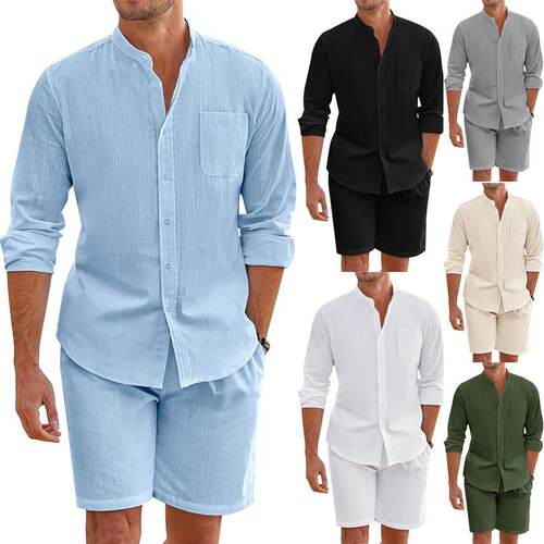 Cotton Linen Long Sleeve Shirt + Shorts Summer Men Two-Piece