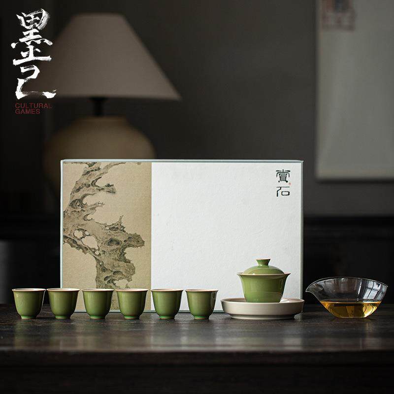 墨己 仿古整套茶具礼盒装 竹青拟古茶室用茶具套组 整套盖碗套装