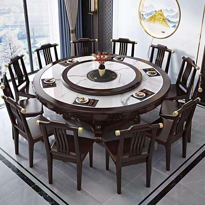 新中式岩板实木餐桌椅组合家用大小户型酒店餐厅大圆形桌子带转盘