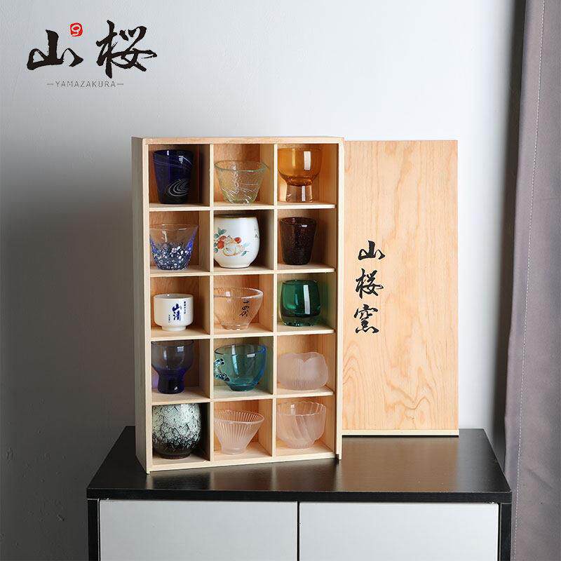 出口日本 山桜Yamazakura松木茶杯盒 实木九格日式收纳框博古架子