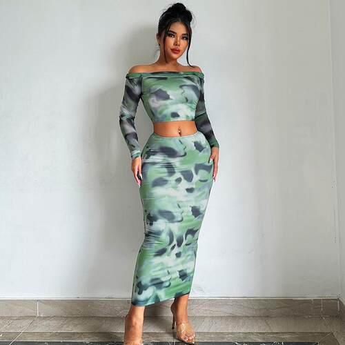 Womens All Over Print Skirt Set Elegant Off Shoulder Long