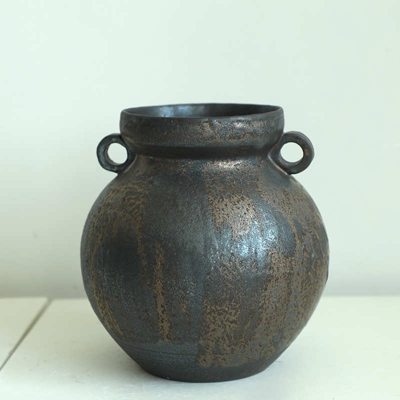 双耳寂陶罐复古茶花瓶器景德镇花日式空间侘纯手工陶艺摆件风