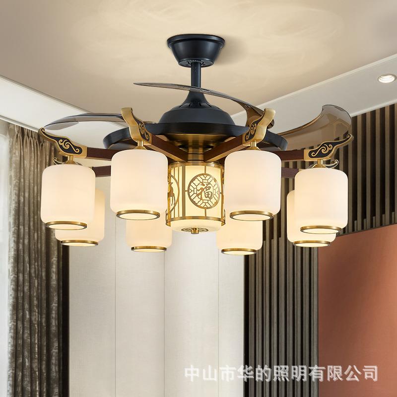 新中式全铜风扇灯遥控简约卧室餐厅茶室吊灯别墅酒店客厅大气灯具