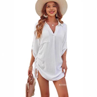 Drawstring Solid Color Beach Cover-up