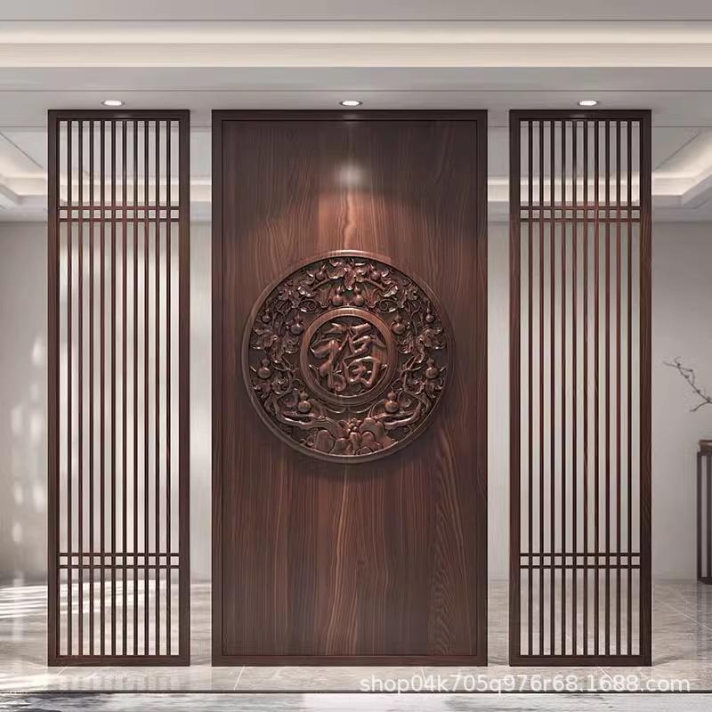 新中式花格纱画屏风隔断实木格栅镂空花格纱画客厅入户对门玄关遮