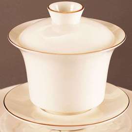 羊脂玉瓷盖碗茶杯陶瓷茶碗，单个描金边带盖不烫手茶壶功夫茶具套装