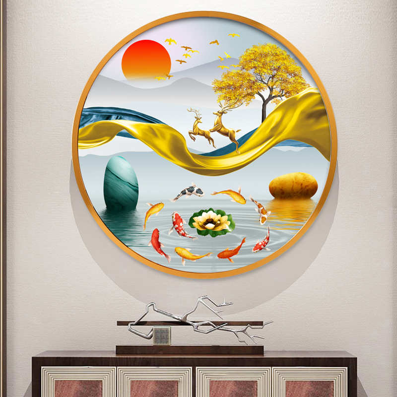 轻奢北欧玄关圆形装饰画壁画招财麋鹿饭厅餐厅背景墙挂画带灯墙画图片