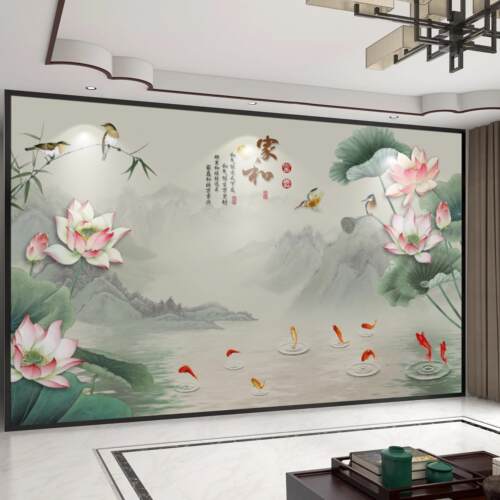 中式电视背景墙自粘墙贴沙发荷花山水壁画饭厅3d立体卧室影视墙布