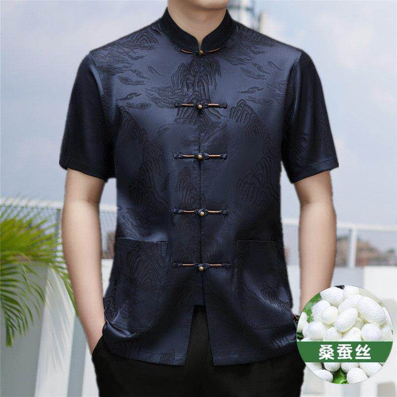 中国风中老年桑蚕丝衬衫绣男士夏季唐装薄款香云纱短袖冰丝花衬衫