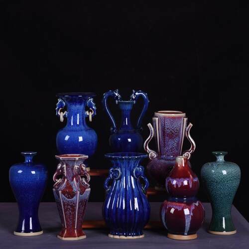 仿古花瓶钧瓷摆件复古双耳瓷瓶客厅玄关装饰品陶瓷器古董工艺品瓶