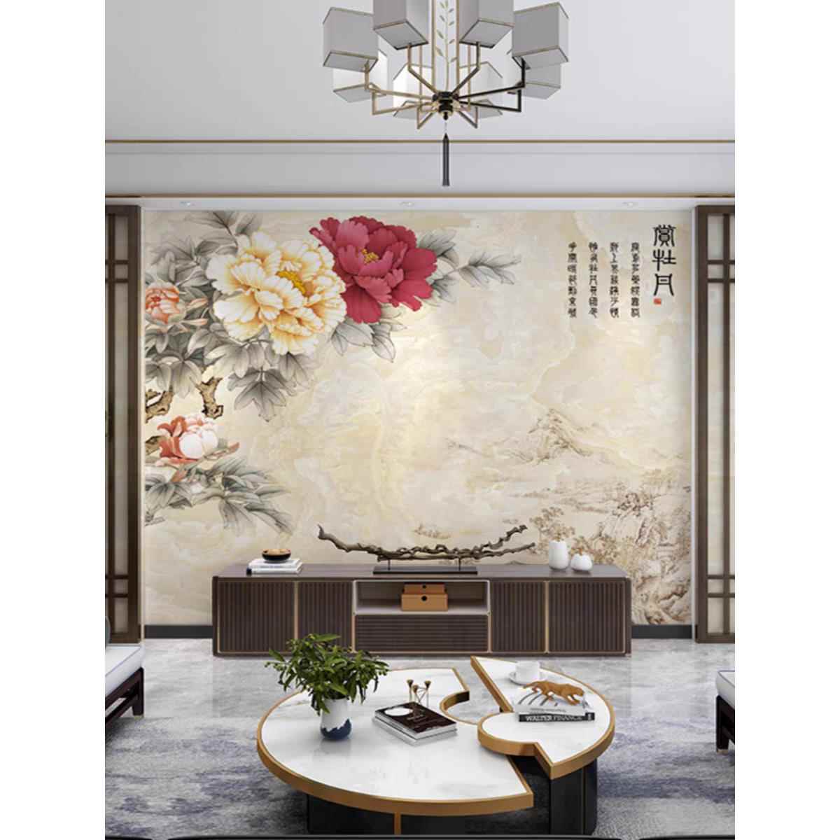 新中式沙发电视背景墙壁纸花开富贵牡丹壁画墙纸客厅卧室无缝墙布