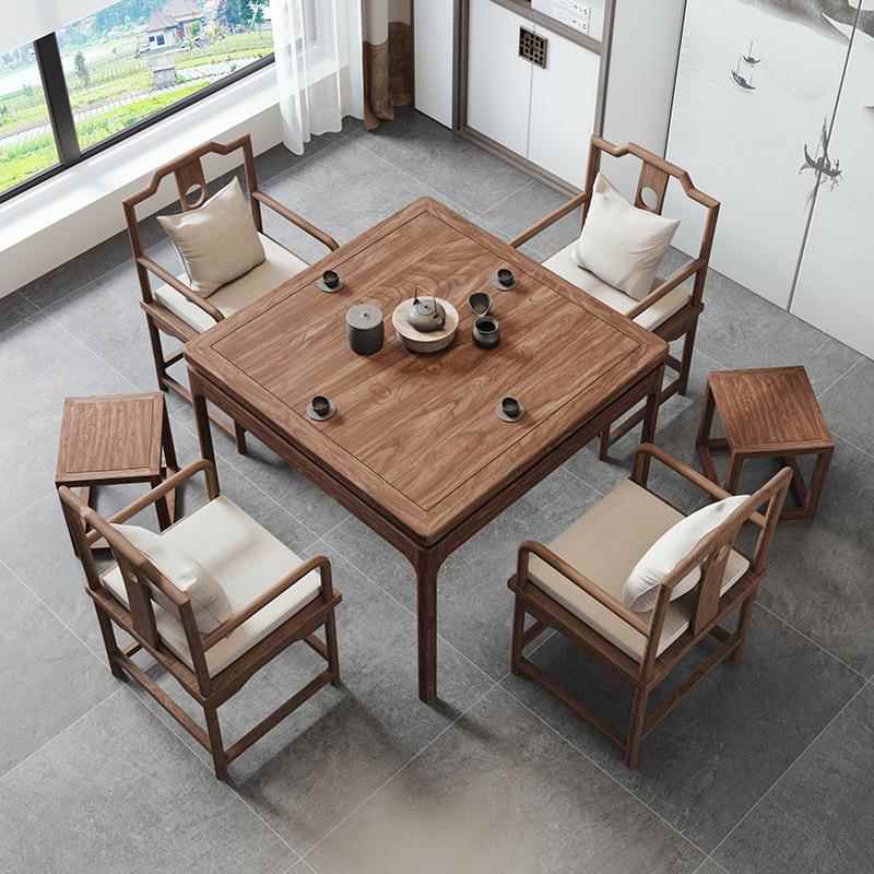 老榆木新中式纯实木餐桌椅小户型四方桌子原木八仙桌打牌掼蛋桌