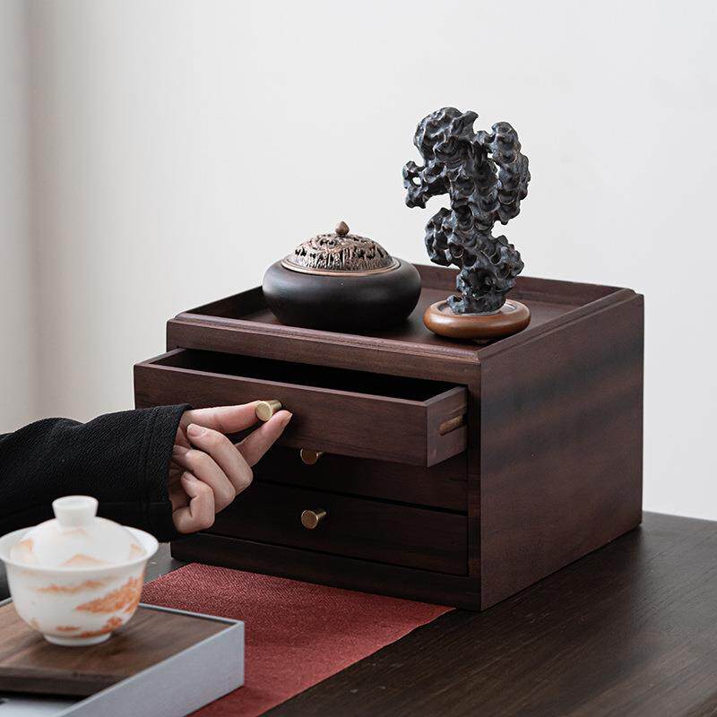 胡桃实木普洱茶饼盒家用中式多层可叠加抽屉式收纳盒 撬茶分茶盘