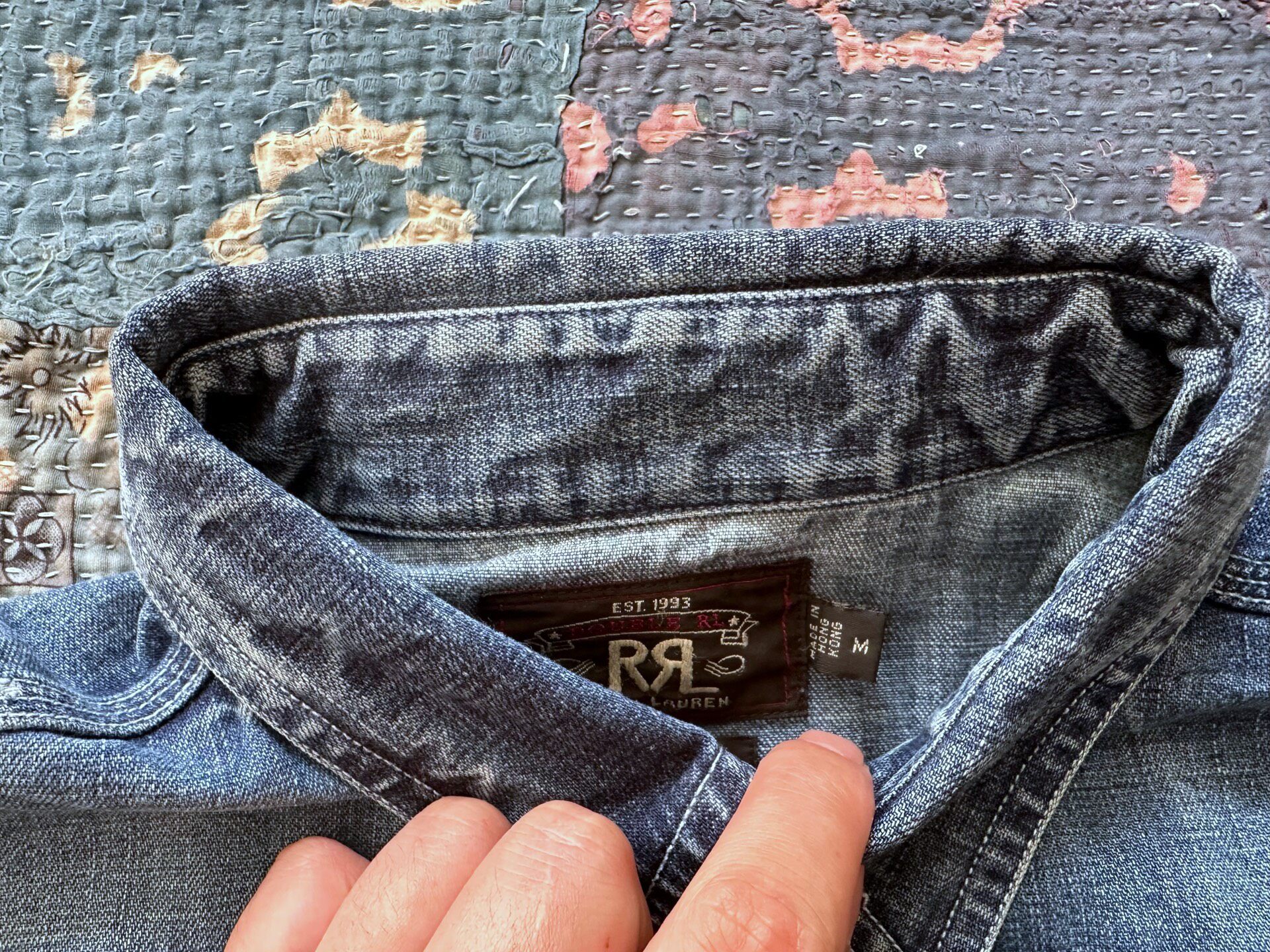 RRL Blue Distressed Denim Shirt — detail
