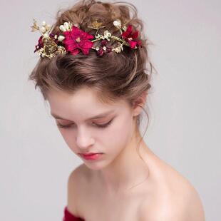 敬酒服头饰新娘红色头花发箍三件套新款简单大气结婚纱礼服发饰品