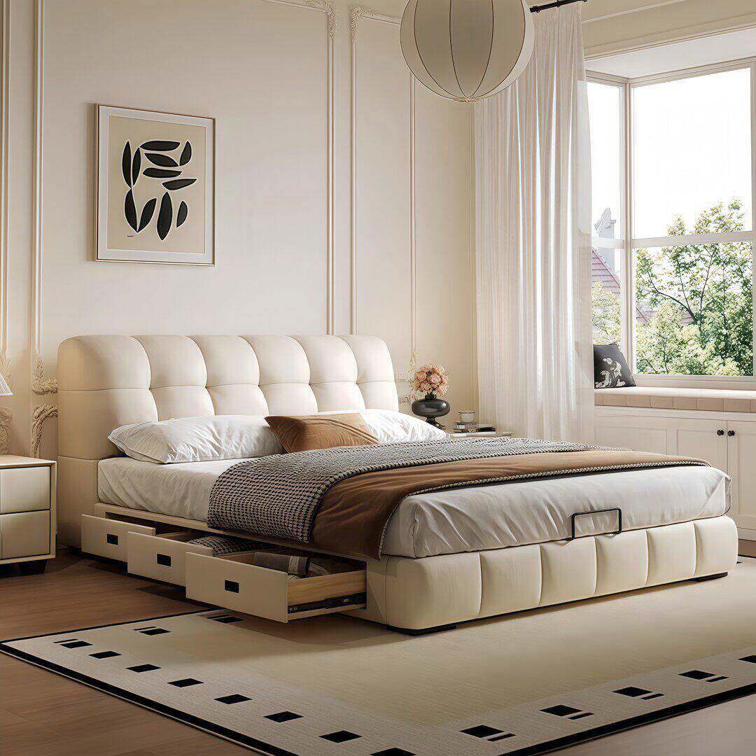 奶油风真皮床现代简约泡芙床高端大气储物双人床1米8主卧大床婚床