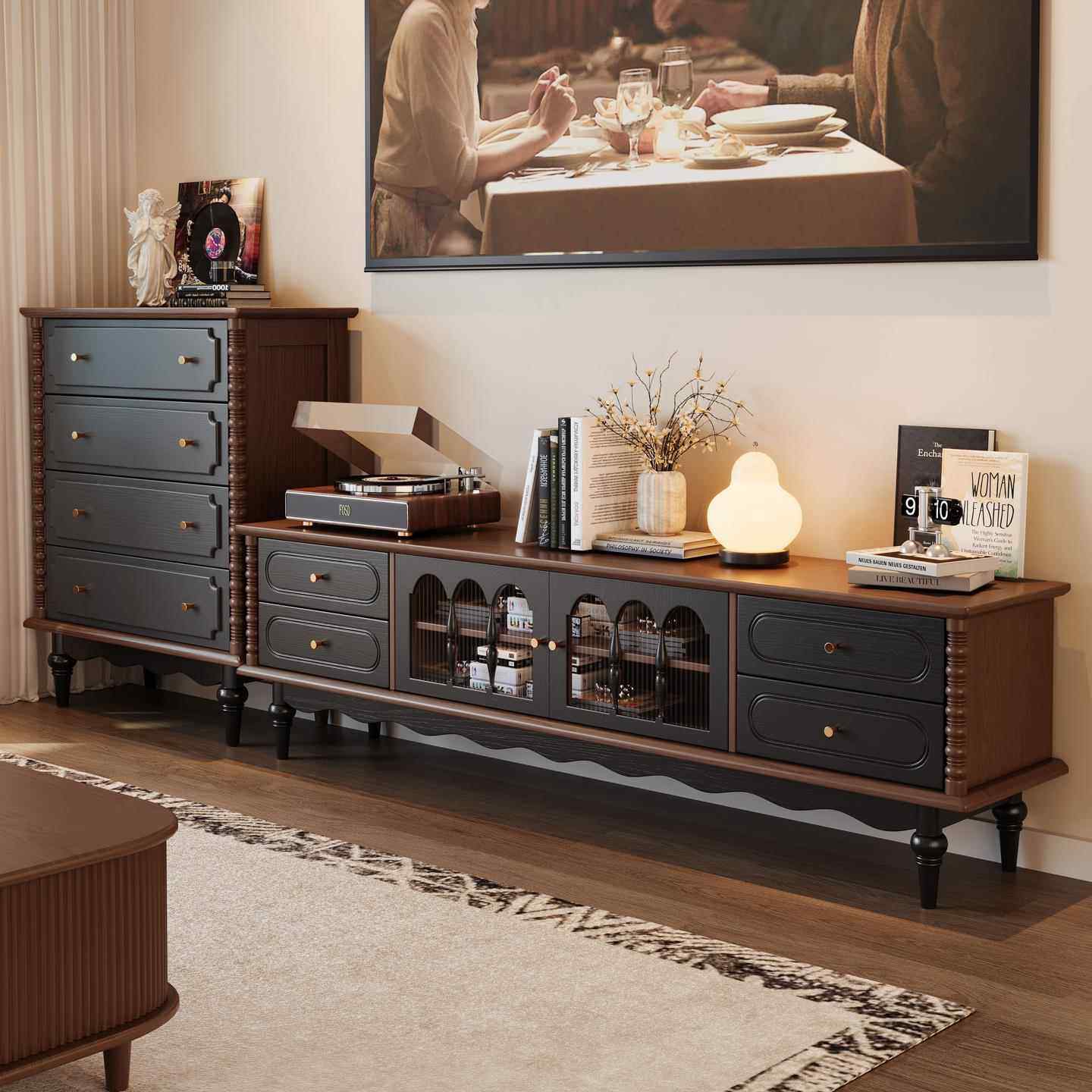 复古实木电视柜客厅家用收纳储物柜中古风小户型茶几电视机柜组合