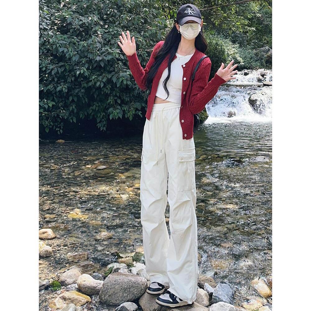 SPYB美式休闲工作服裤女款春秋季新款小个子百搭高腰阔腿抽绳登山