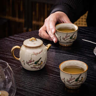 青玉汝窑喜上眉梢一壶两杯复古李辉熠泡茶壶汝瓷茶具套装单茶壶