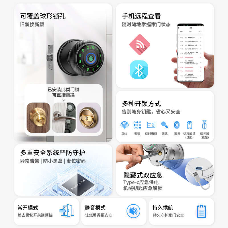 圆形锁室内门指纹锁家用木门通用型智能锁办公室单舌球形锁密码锁