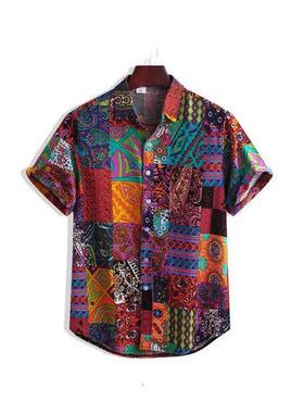 Men's shirt, men's square printed short sleeved shirt