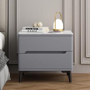 轻全实床头00000柜阻奢尼简烤漆床边柜现代木约卧室家用感岩板储