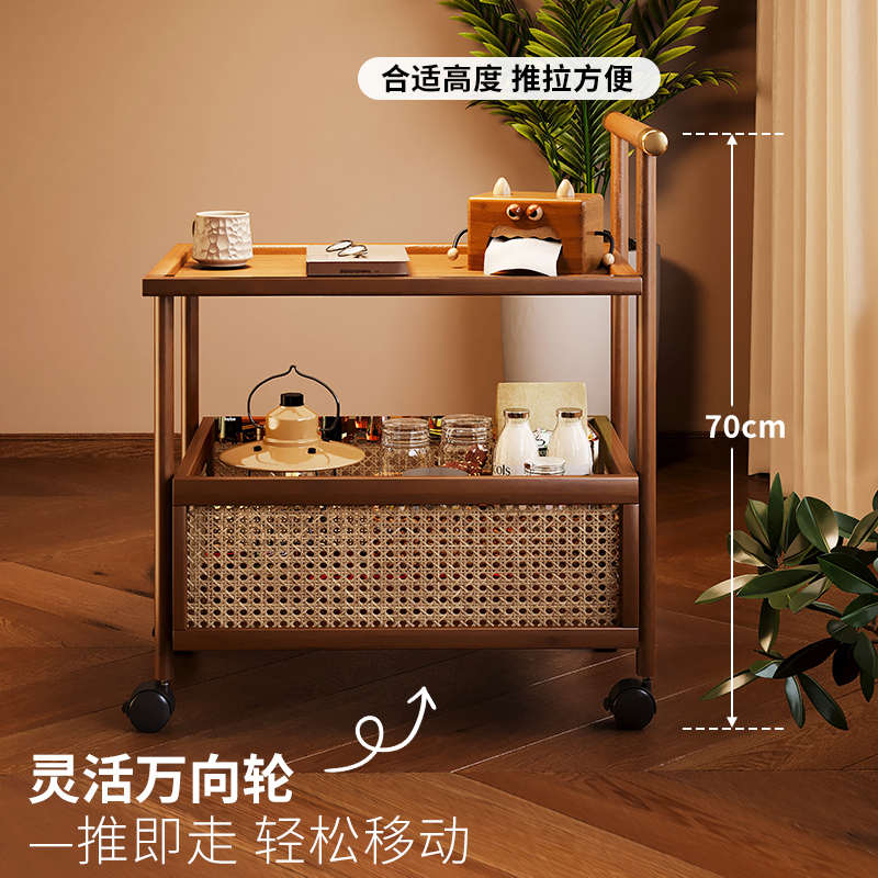中古风移动小餐车酒水收纳小推车客厅沙发藤编边几轻奢零食置物架