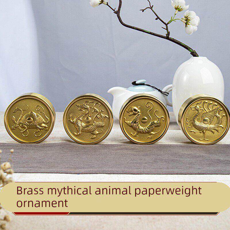 纯铜黄铜镇纸四大神兽书法镇尺文房四宝创意大号小号圆形专业摆件