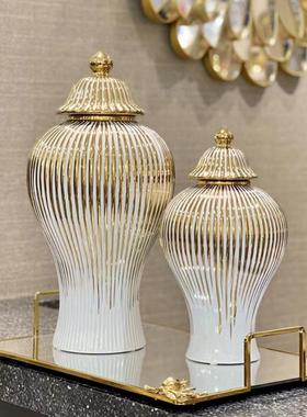 新家装饰品摆件高级感客厅陶瓷轻奢电镀将军罐欧式花插花瓶工艺品