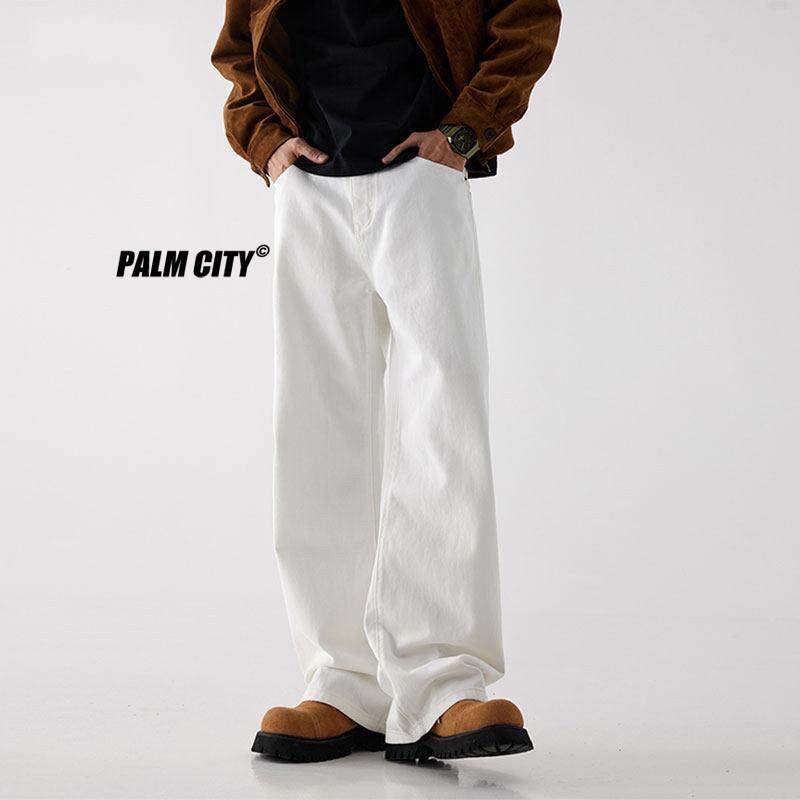 PALM CITY纯白色直筒牛仔裤男2026春夏宽松休闲阔腿裤高级垂感潮