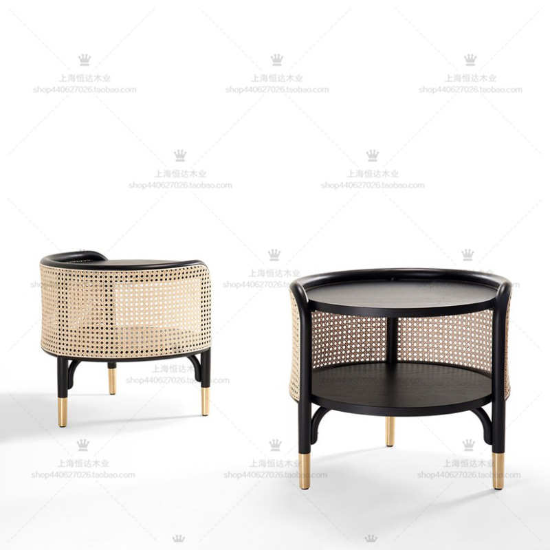 北欧轻奢简约实木藤编边几角几床头柜设计师圆形样板间创意小茶几