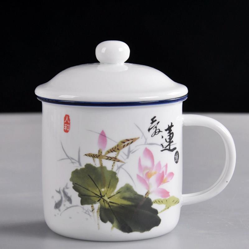 新款 仿搪瓷杯陶瓷杯带盖马克杯水杯办公经典怀旧杯大容量口杯复