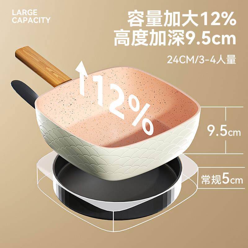 底锅家用不粘锅石麦饭方形深型口不沾FG-02煎炒两用小炒深锅加平
