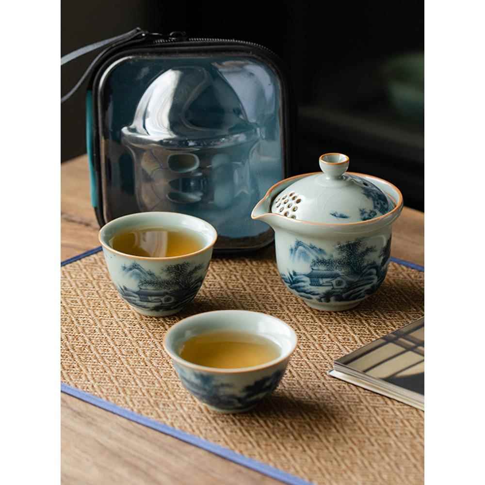 复古釉中彩青花汝窑天青功夫旅行茶具快客杯小套装便携包便携式