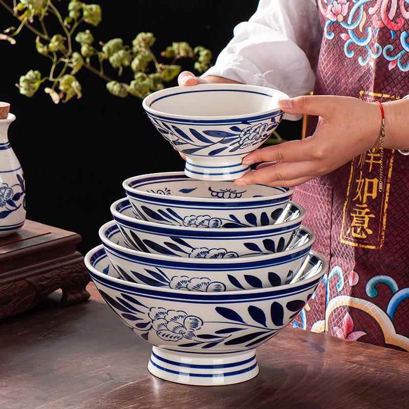复古手绘大号陶瓷碗10寸6吃饭碗高脚碗7英寸秦海面碗装泡面馆商用