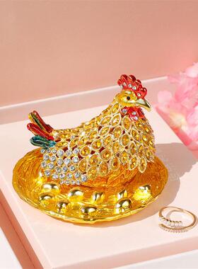 合金招财摆件母鸡下蛋首饰盒珐琅工艺招财摆件新居装饰店面摆件