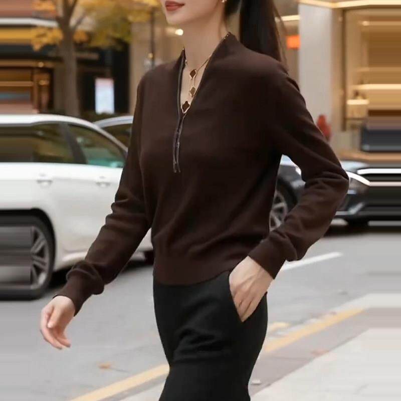 轻熟小众咖色针织衫女2026早秋季新款V领长袖内搭打底衫时尚1018e