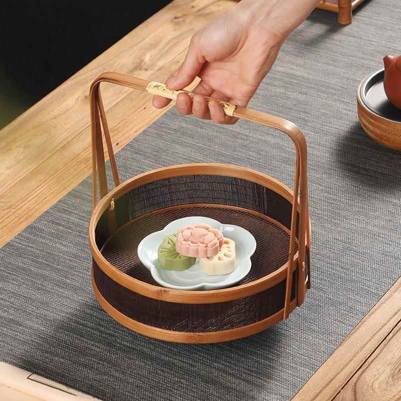 新款直销手工竹编提篮家用中式复古藤编收纳筐水果篮点心篮圆形茶