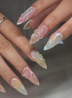 24pcs Summer Fake Nails Press on Almond Wearable 3D Butterfl